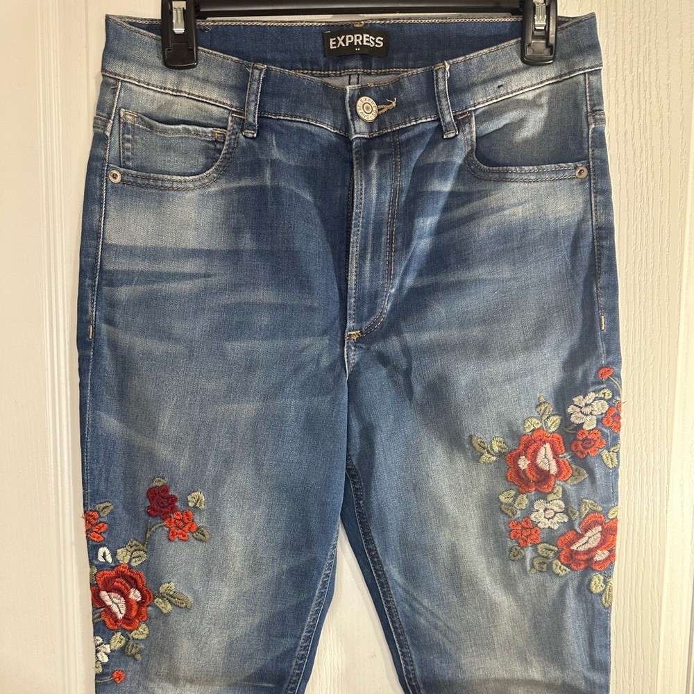 Express Skinny Jeans Legging Blue Denim Embroidered Floral High Rise SIZE 10
